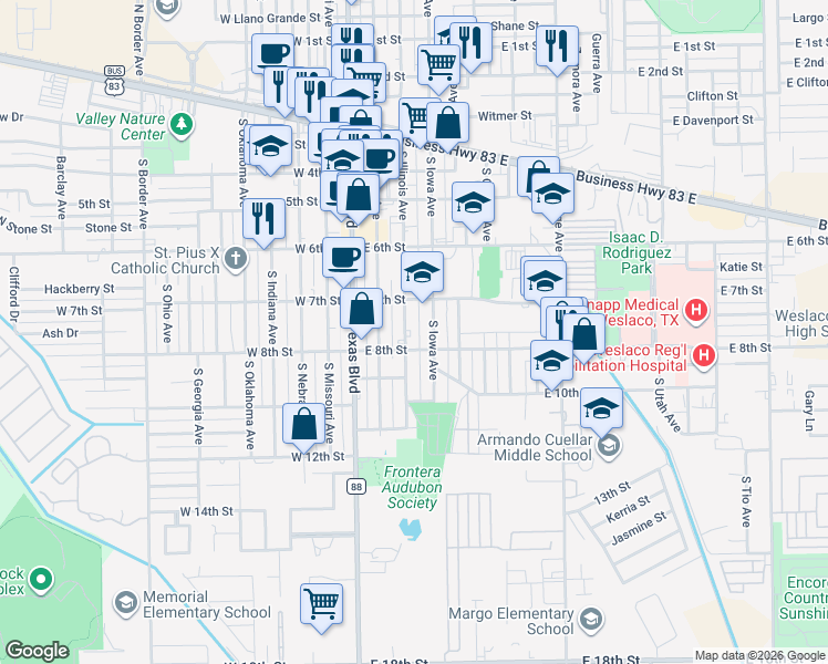 map of restaurants, bars, coffee shops, grocery stores, and more near 716 South Iowa Avenue in Weslaco