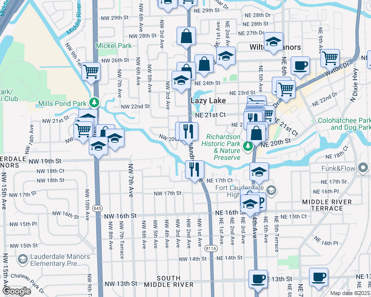 map of restaurants, bars, coffee shops, grocery stores, and more near 1909 North Andrews Avenue in Wilton Manors
