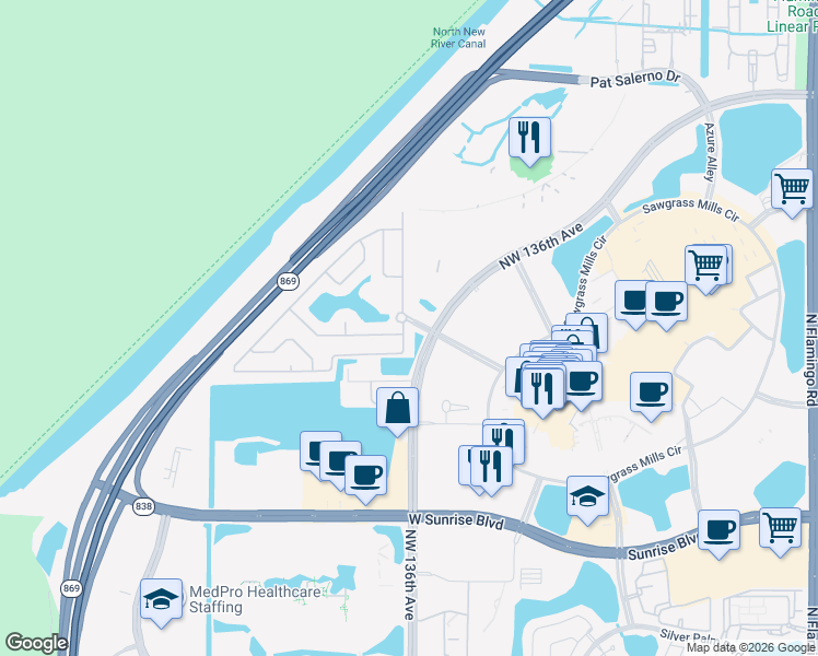 map of restaurants, bars, coffee shops, grocery stores, and more near 2089 Northwest 136th Avenue in Sunrise