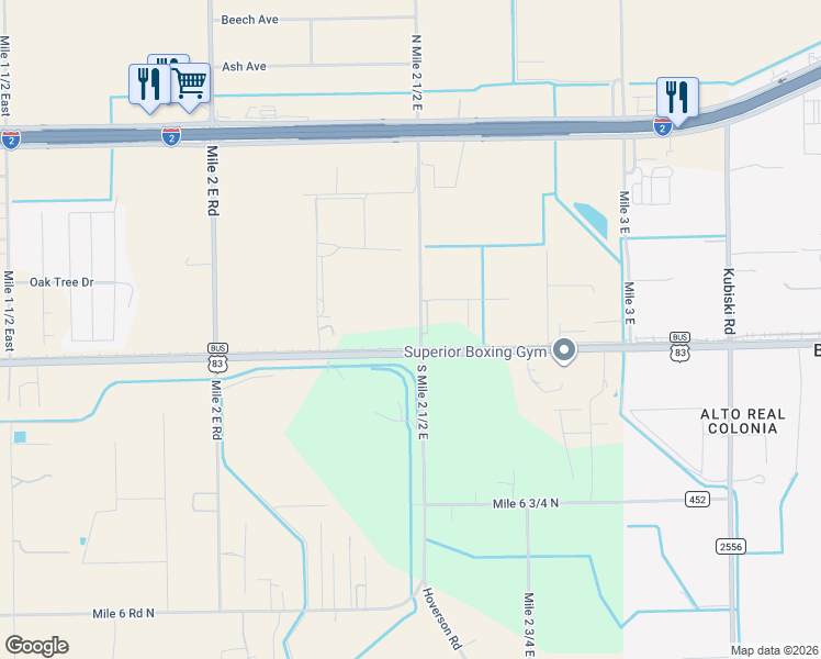 map of restaurants, bars, coffee shops, grocery stores, and more near 8105 Mile 2 1/2 East in Mercedes