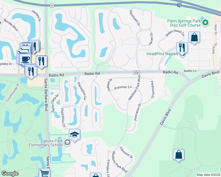 map of restaurants, bars, coffee shops, grocery stores, and more near 8213 Valiant Drive in Naples