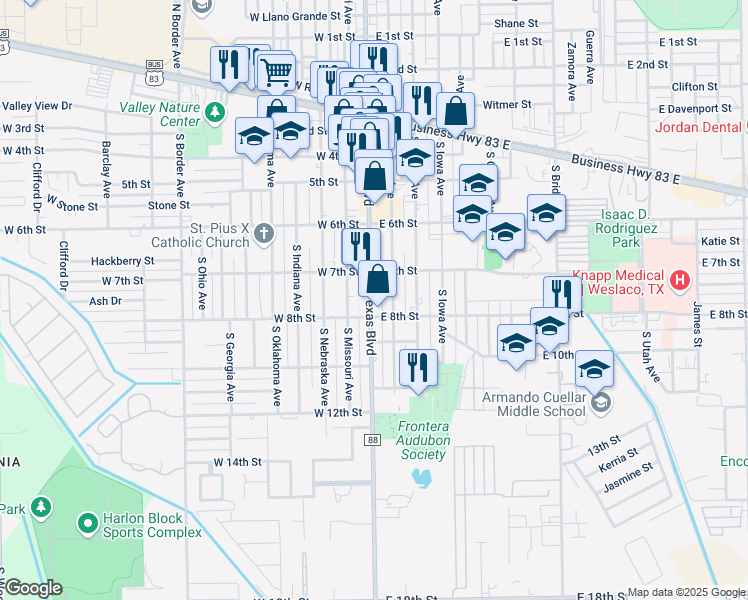 map of restaurants, bars, coffee shops, grocery stores, and more near 763 South Texas Boulevard in Weslaco