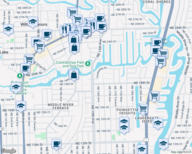 map of restaurants, bars, coffee shops, grocery stores, and more near 1605 Poinsettia Dr in Fort Lauderdale