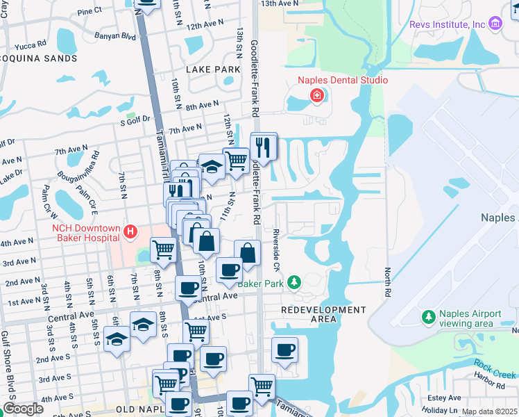 map of restaurants, bars, coffee shops, grocery stores, and more near 305 Goodlette-Frank Road in Naples