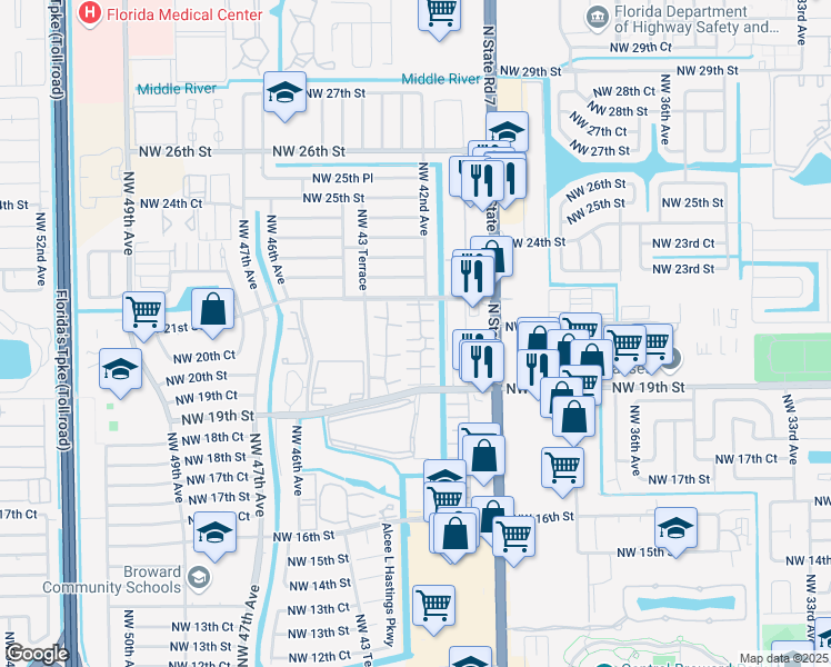 map of restaurants, bars, coffee shops, grocery stores, and more near 4230 Northwest 21st Street in Lauderhill