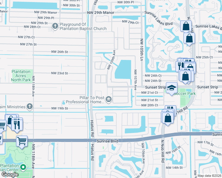 map of restaurants, bars, coffee shops, grocery stores, and more near 2150 Northwest 109th Avenue in Sunrise
