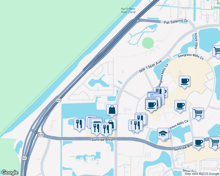 map of restaurants, bars, coffee shops, grocery stores, and more near 13709 Northwest 22nd Place in Sunrise