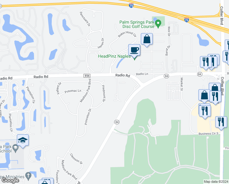 map of restaurants, bars, coffee shops, grocery stores, and more near 8245 Ibis Club Drive in Naples