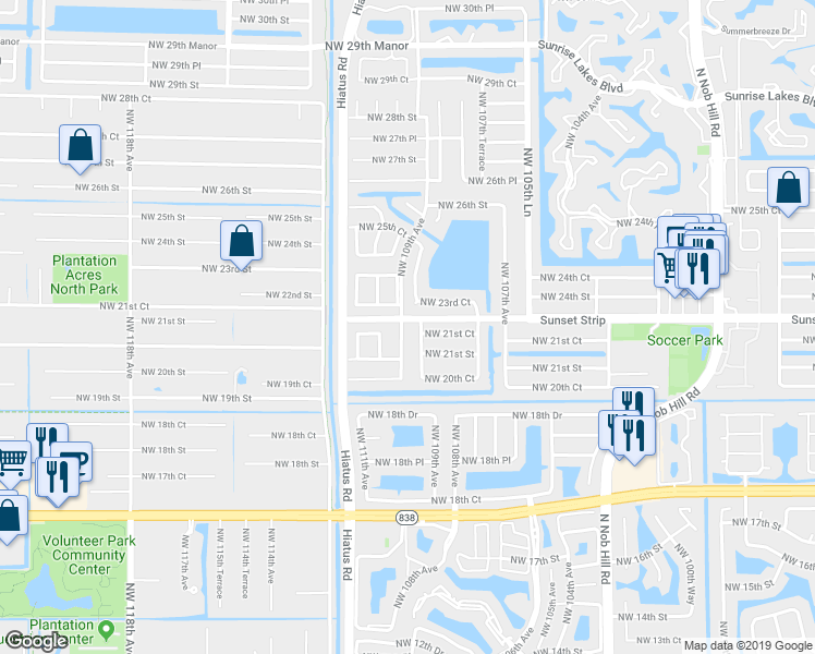 map of restaurants, bars, coffee shops, grocery stores, and more near 2150 Northwest 109th Avenue in Sunrise