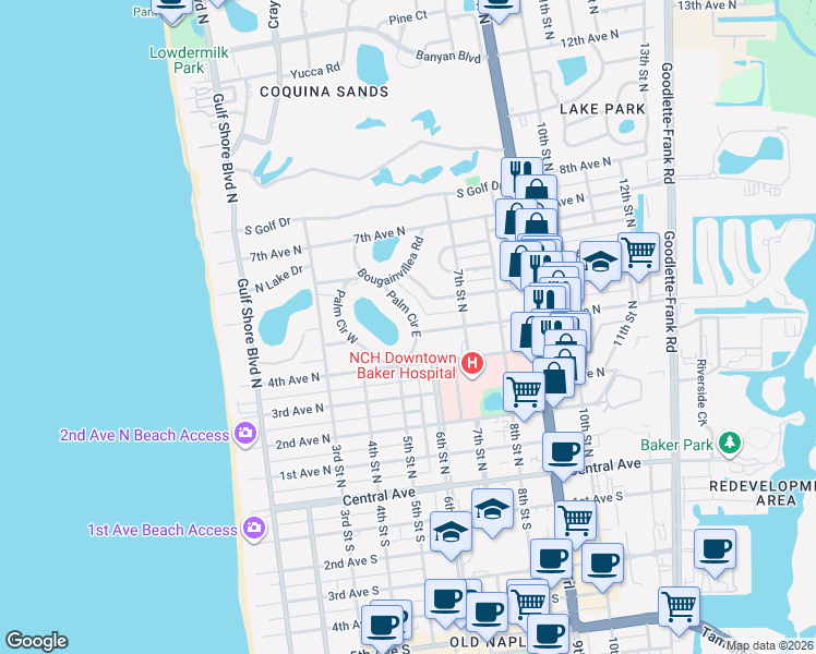 map of restaurants, bars, coffee shops, grocery stores, and more near 555 Palm Circle East in Naples