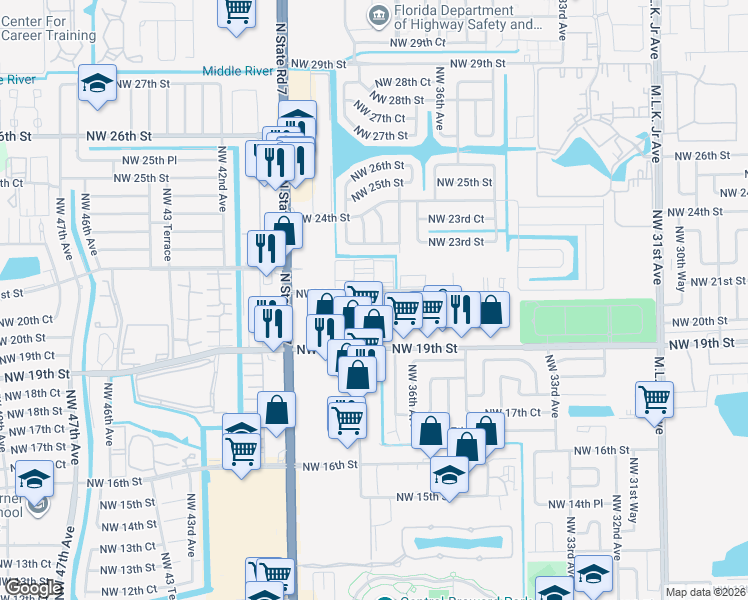map of restaurants, bars, coffee shops, grocery stores, and more near 3730 Northwest 21st Street in Lauderdale Lakes