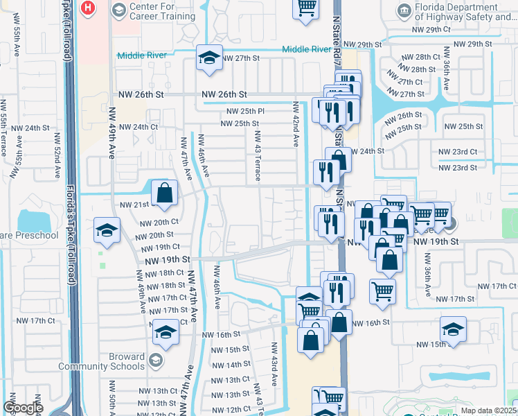 map of restaurants, bars, coffee shops, grocery stores, and more near 2041 Northwest 43 Terrace in Lauderhill