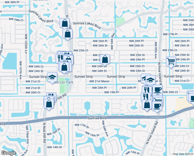map of restaurants, bars, coffee shops, grocery stores, and more near 9650 Sunset Strip in Sunrise
