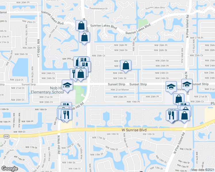 map of restaurants, bars, coffee shops, grocery stores, and more near 9770 Sunset Strip in Sunrise