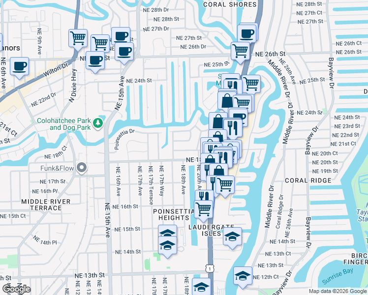 map of restaurants, bars, coffee shops, grocery stores, and more near 1801 Northeast 19th Street in Fort Lauderdale