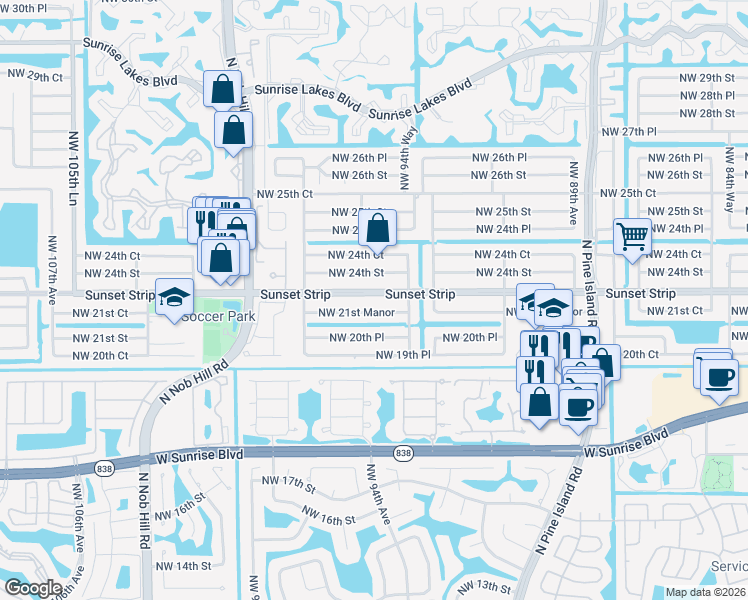 map of restaurants, bars, coffee shops, grocery stores, and more near 9530 Sunset Strip in Sunrise