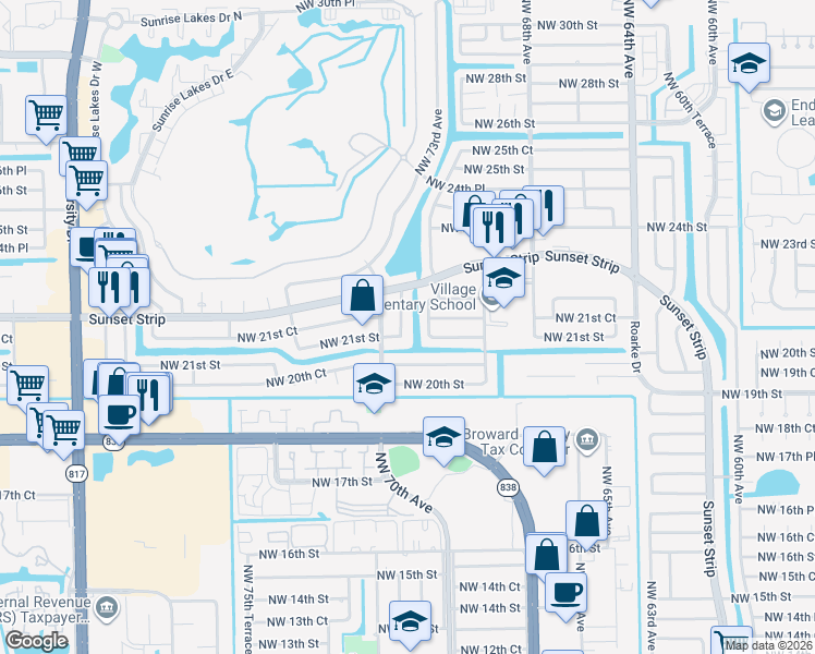 map of restaurants, bars, coffee shops, grocery stores, and more near 2110 Northwest 73rd Avenue in Sunrise