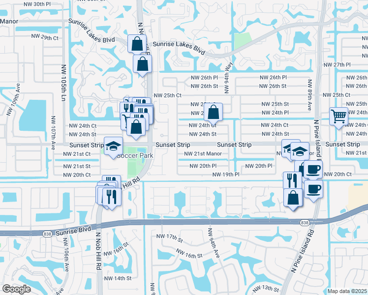 map of restaurants, bars, coffee shops, grocery stores, and more near 9750 Sunset Strip in Sunrise