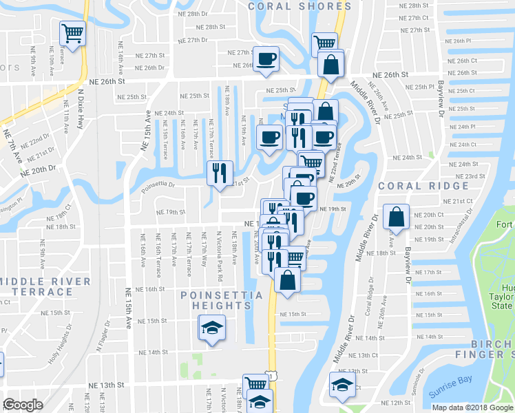 map of restaurants, bars, coffee shops, grocery stores, and more near 1900 Northeast 20th Avenue in Fort Lauderdale