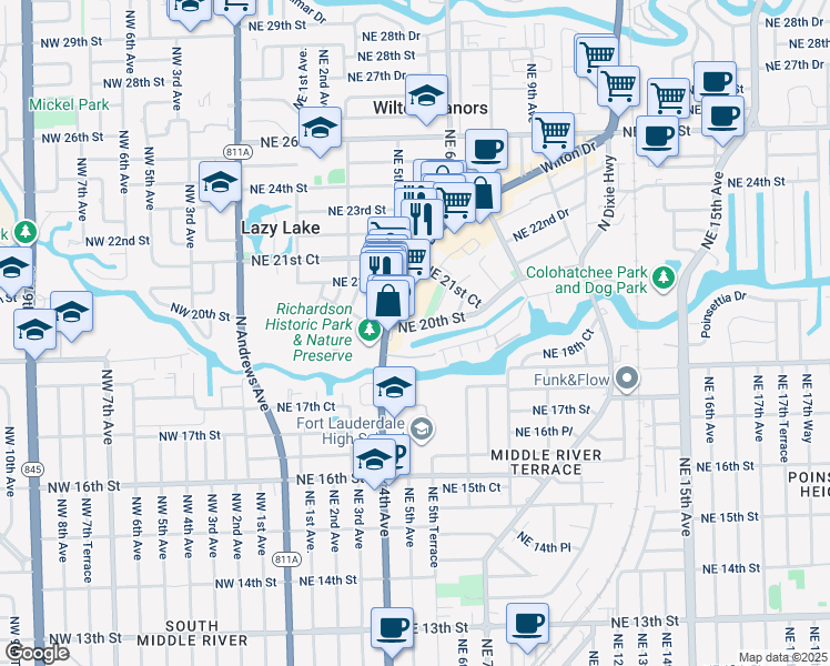 map of restaurants, bars, coffee shops, grocery stores, and more near 520 Northeast 20th Street in Wilton Manors