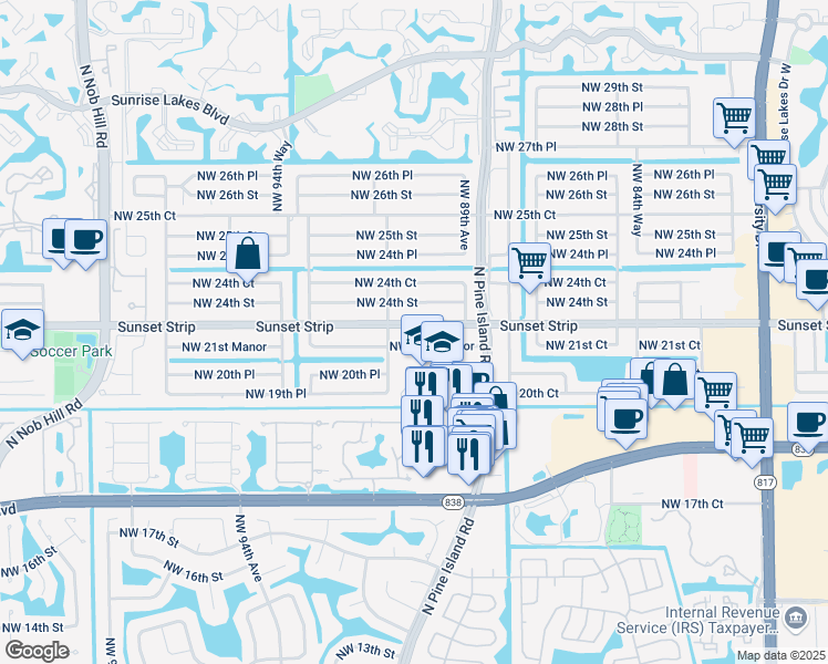 map of restaurants, bars, coffee shops, grocery stores, and more near 9120 Sunset Strip in Sunrise