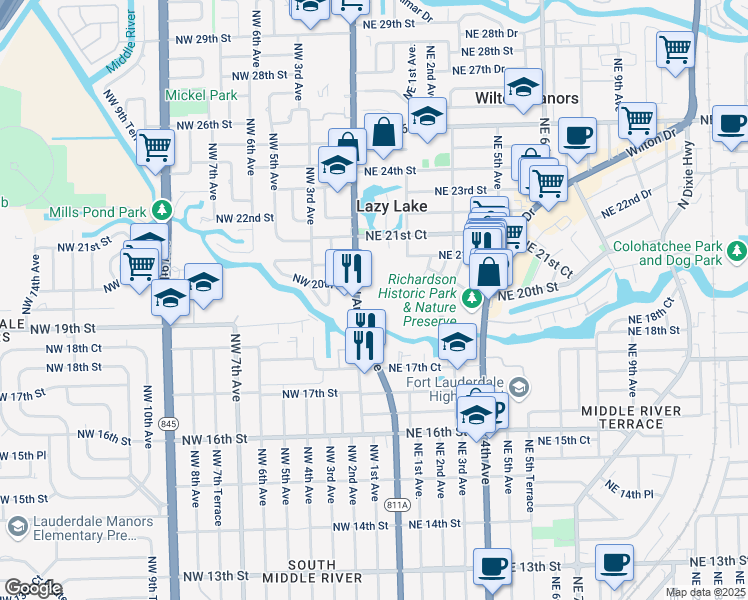 map of restaurants, bars, coffee shops, grocery stores, and more near 9 Northeast 19th Court in Wilton Manors