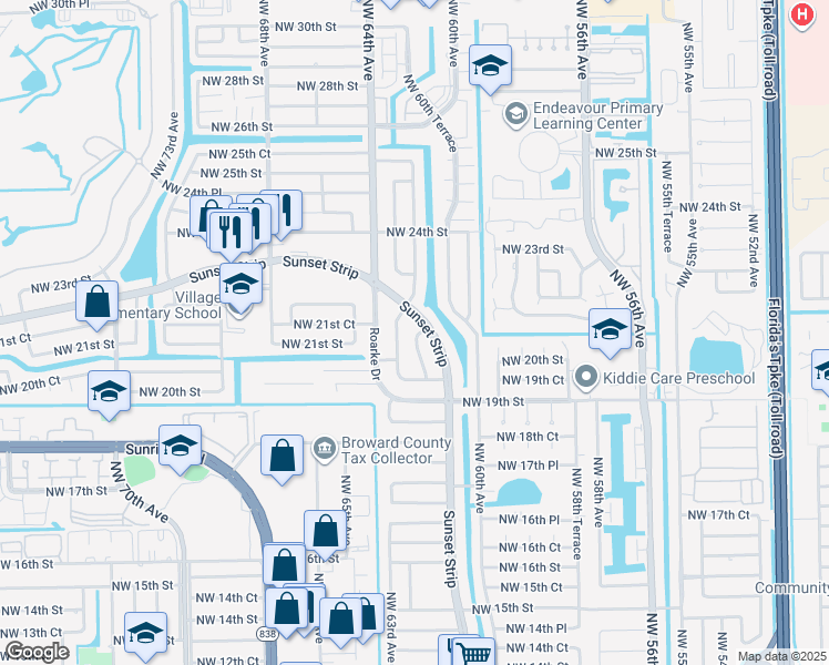 map of restaurants, bars, coffee shops, grocery stores, and more near 2121 Northwest 62nd Terrace in Sunrise