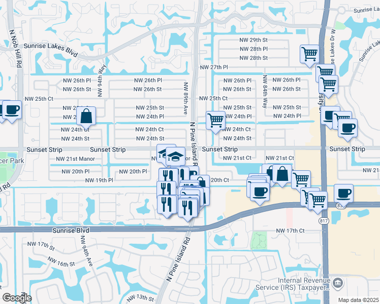 map of restaurants, bars, coffee shops, grocery stores, and more near 8840 Sunset Strip in Sunrise