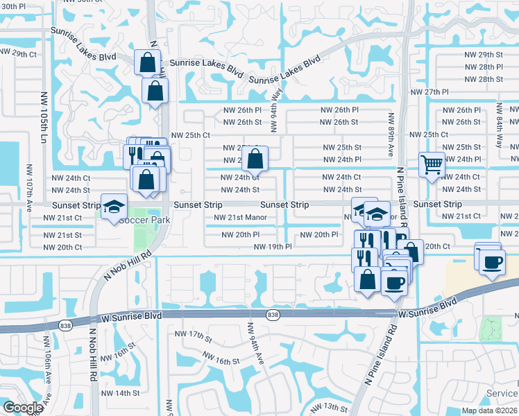 map of restaurants, bars, coffee shops, grocery stores, and more near 9490 Sunset Strip in Sunrise