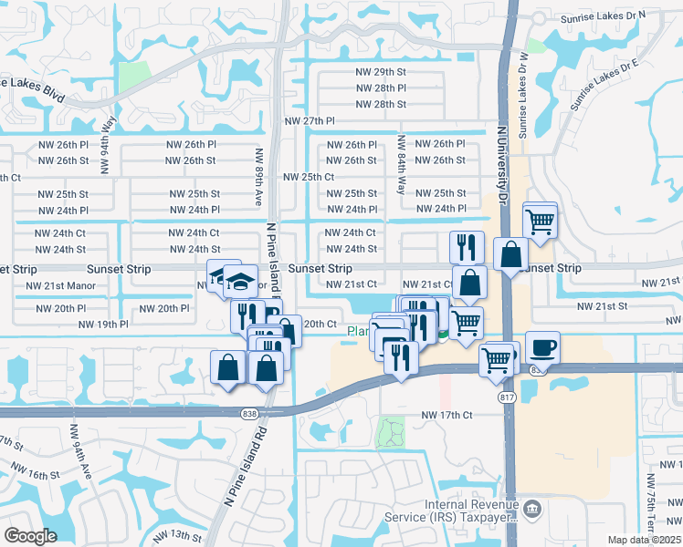 map of restaurants, bars, coffee shops, grocery stores, and more near 8650 Sunset Strip in Sunrise