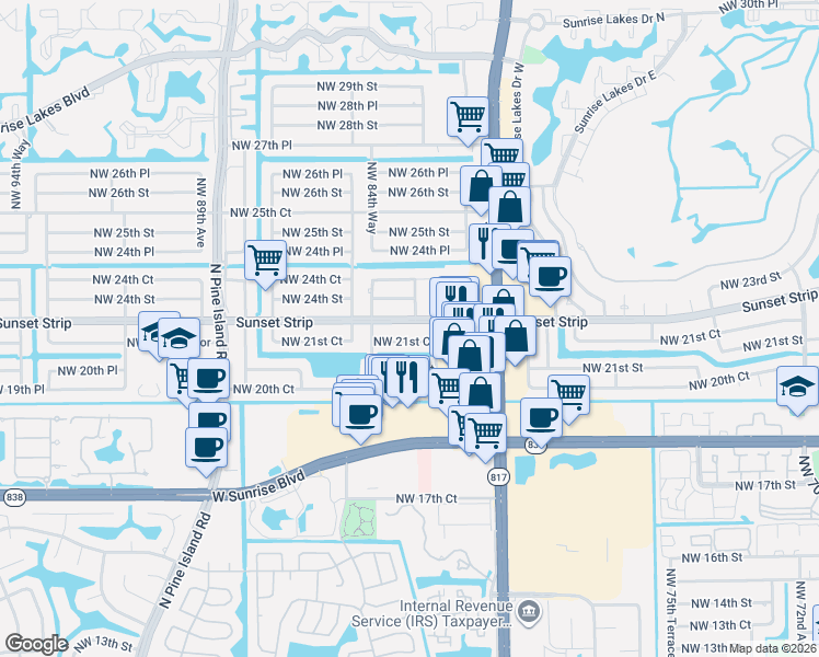 map of restaurants, bars, coffee shops, grocery stores, and more near 8380 Sunset Strip in Sunrise