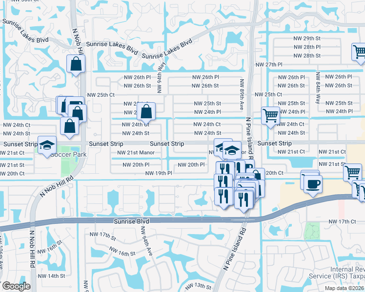 map of restaurants, bars, coffee shops, grocery stores, and more near 9340 Sunset Strip in Sunrise