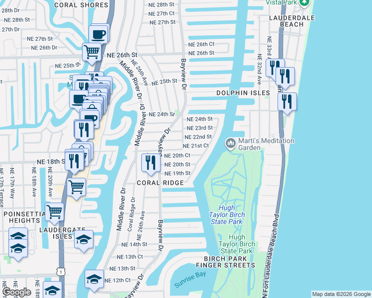 map of restaurants, bars, coffee shops, grocery stores, and more near 2817 Northeast 20th Court in Fort Lauderdale