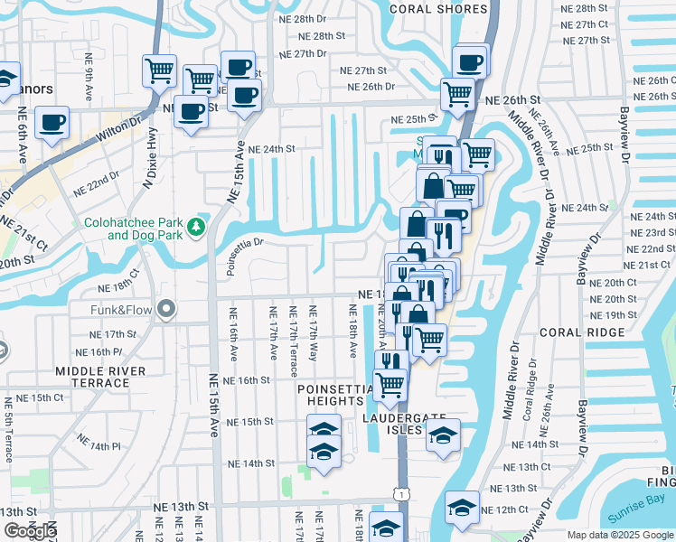map of restaurants, bars, coffee shops, grocery stores, and more near 1801 Northeast 19th Street in Fort Lauderdale