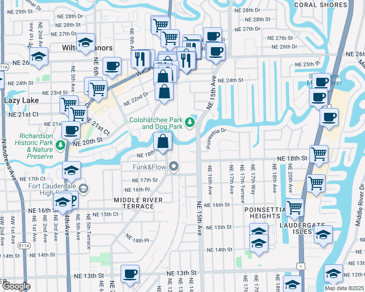 map of restaurants, bars, coffee shops, grocery stores, and more near 1963 Northeast 15th Avenue in Fort Lauderdale