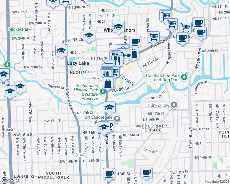 map of restaurants, bars, coffee shops, grocery stores, and more near 530 Northeast 20th Street in Wilton Manors