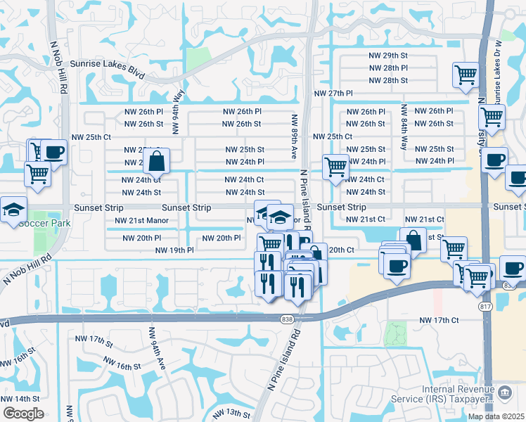 map of restaurants, bars, coffee shops, grocery stores, and more near 9120 Sunset Strip in Sunrise