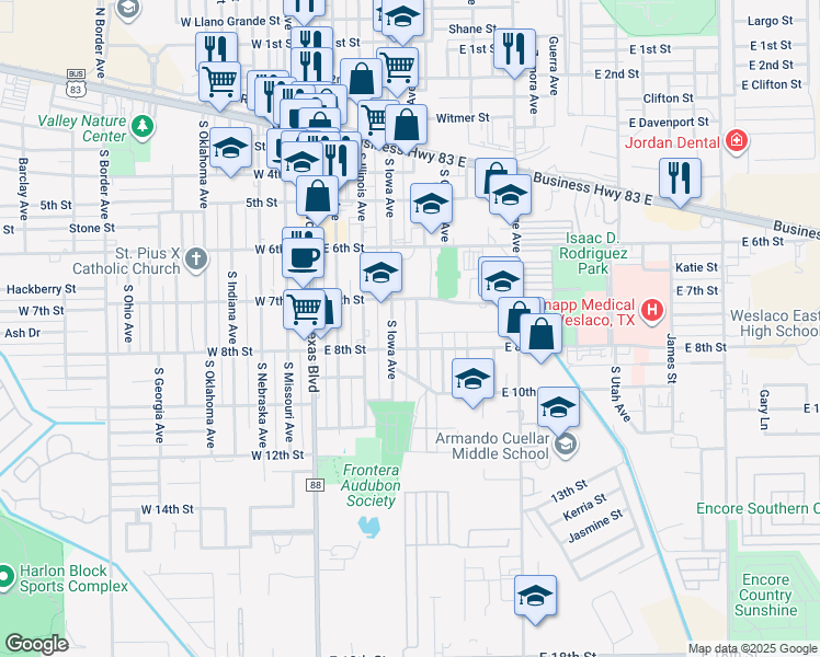 map of restaurants, bars, coffee shops, grocery stores, and more near 717 South Tennessee Avenue in Weslaco