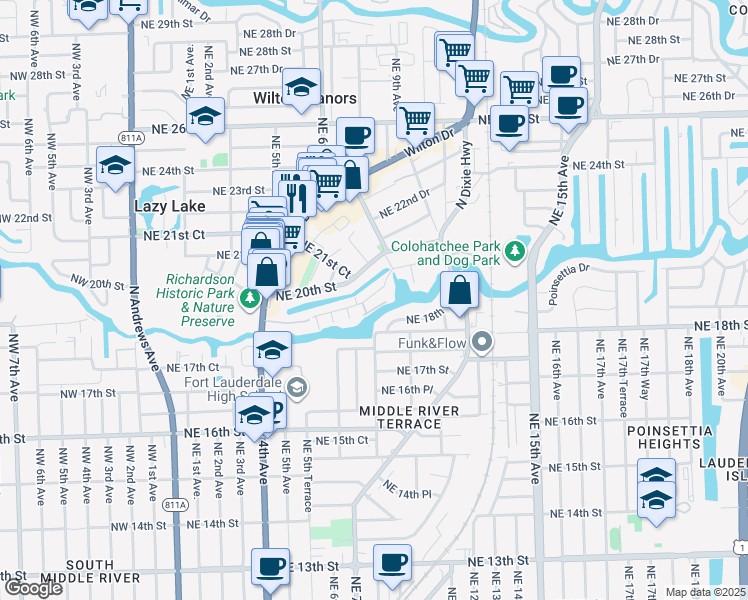 map of restaurants, bars, coffee shops, grocery stores, and more near 660 Kensington Place in Wilton Manors
