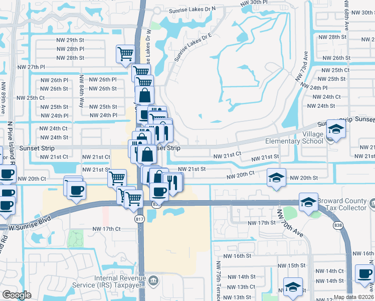 map of restaurants, bars, coffee shops, grocery stores, and more near 8110 Sunset Strip in Sunrise