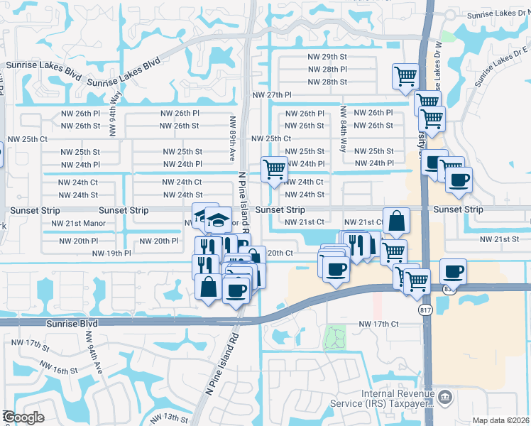 map of restaurants, bars, coffee shops, grocery stores, and more near 2181 Northwest 87th Avenue in Sunrise