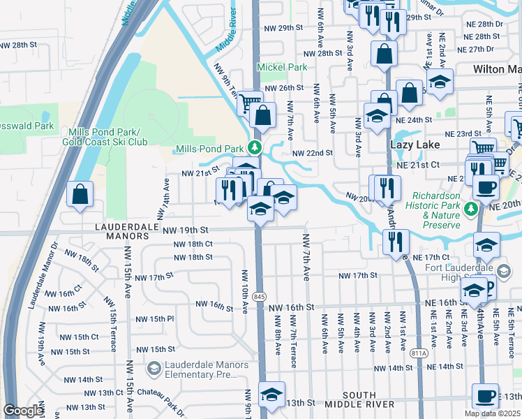 map of restaurants, bars, coffee shops, grocery stores, and more near 1980 Florida 845 in Fort Lauderdale