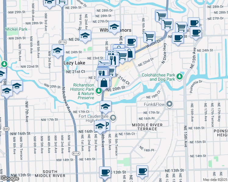 map of restaurants, bars, coffee shops, grocery stores, and more near 530 Northeast 20th Street in Wilton Manors