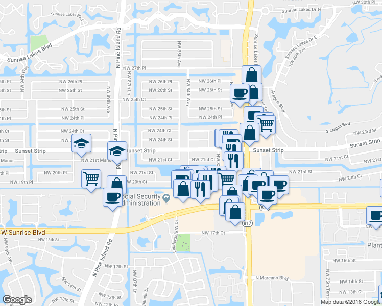 map of restaurants, bars, coffee shops, grocery stores, and more near 8480 Sunset Strip in Sunrise