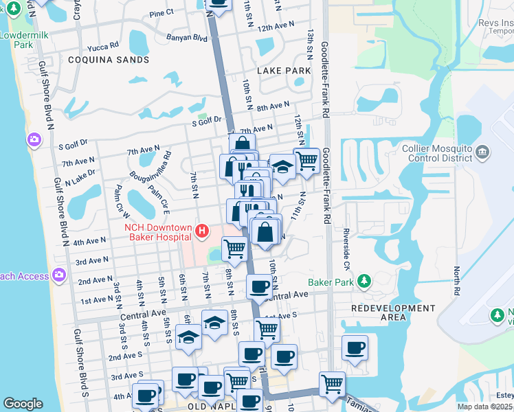 map of restaurants, bars, coffee shops, grocery stores, and more near 441 10th Street North in Naples