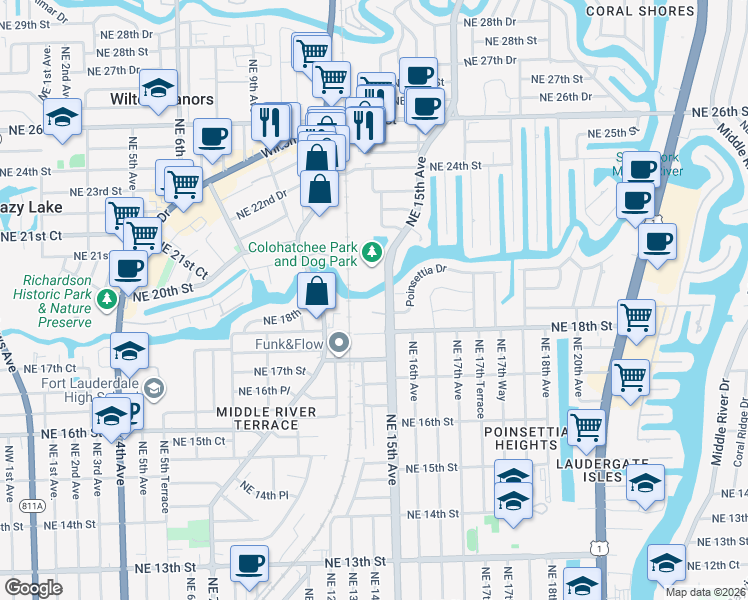map of restaurants, bars, coffee shops, grocery stores, and more near 1963 Northeast 15th Avenue in Fort Lauderdale