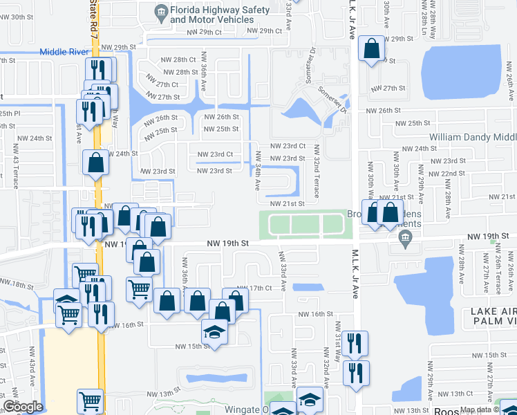 map of restaurants, bars, coffee shops, grocery stores, and more near 3398 Northwest 21st Street in Lauderdale Lakes