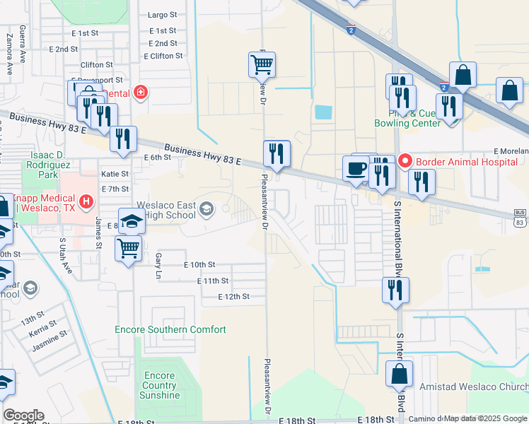 map of restaurants, bars, coffee shops, grocery stores, and more near 808 South Pleasantview Drive in Weslaco