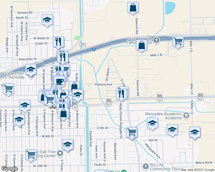 map of restaurants, bars, coffee shops, grocery stores, and more near 407 Patricia Street in Mercedes
