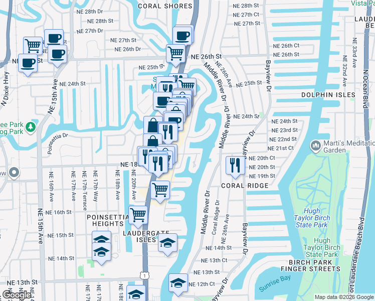 map of restaurants, bars, coffee shops, grocery stores, and more near 1900 Northeast 22nd Terrace in Fort Lauderdale